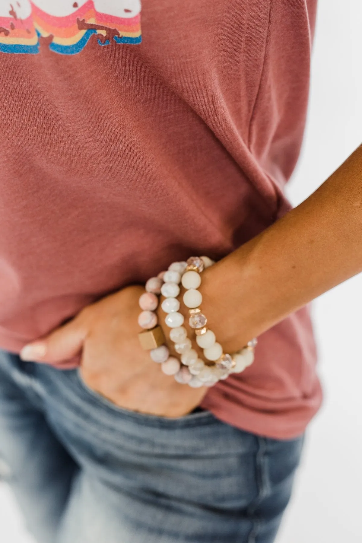 3 Layer Beaded Stretch Bracelet Set- Pink, White, & Gold