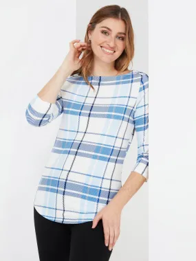 3/4 Sleeve Plaid Boat Neck Top