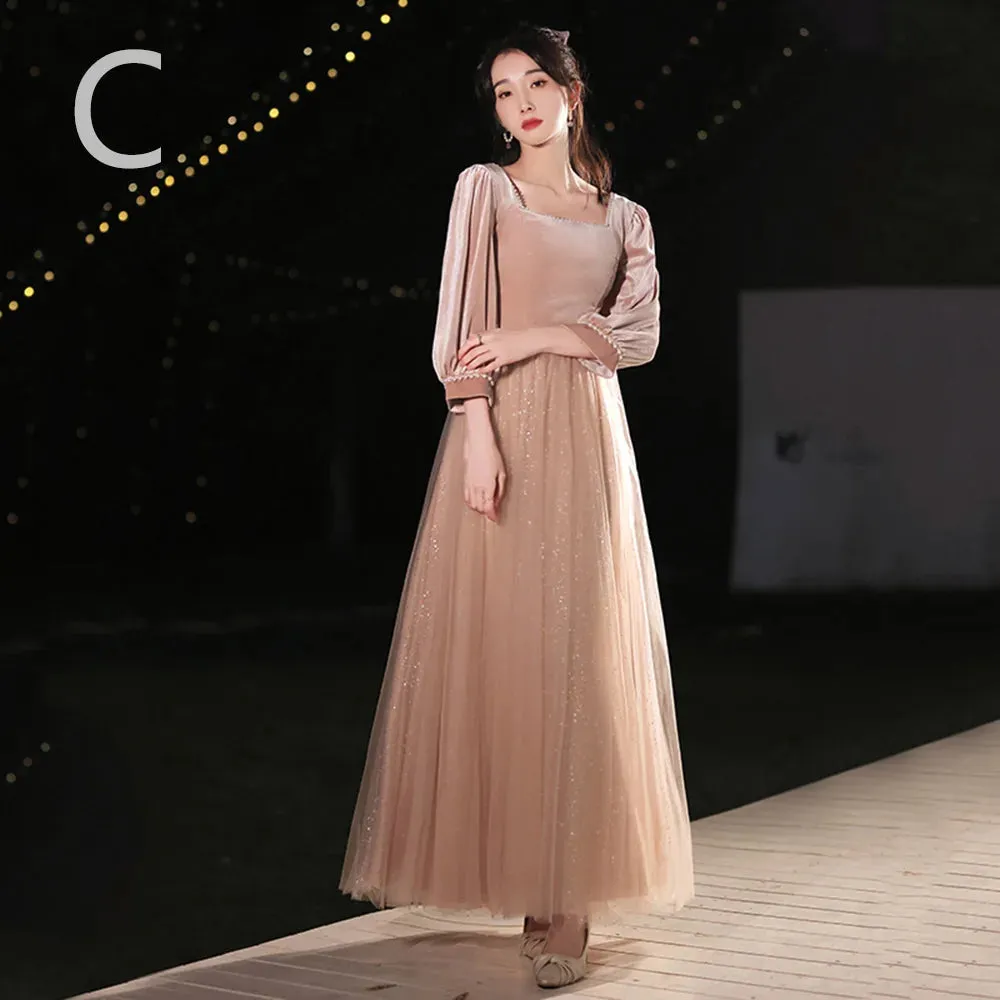 4 Styles Elegant Velvet Bridesmaid Dress Women's Winter Beading Square Collar Long Sleeved Patchwork Tulle A-Line Vestido