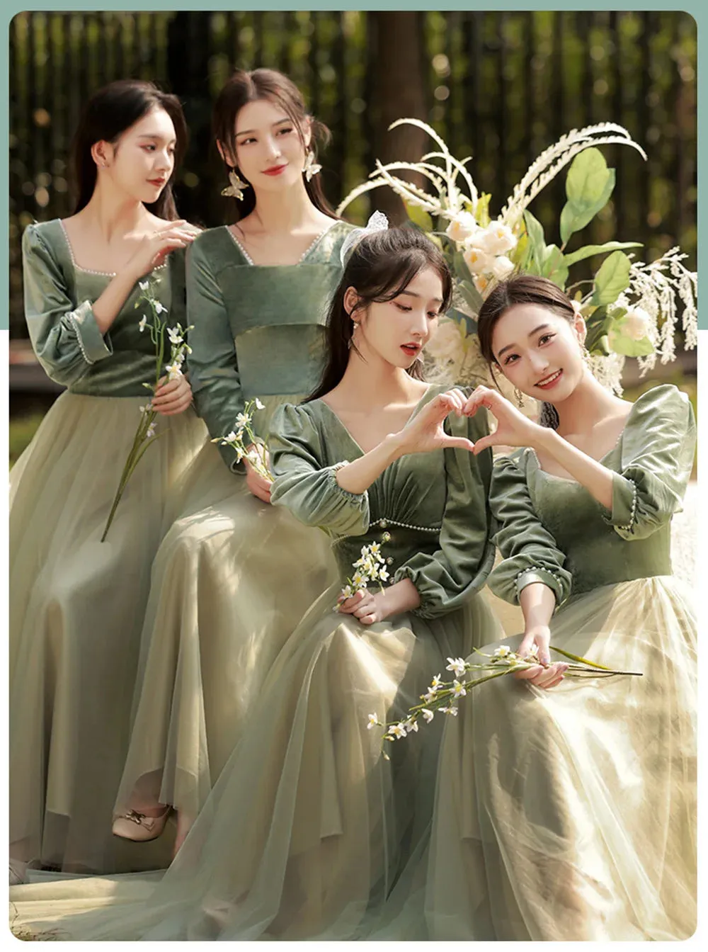 4 Styles Elegant Velvet Bridesmaid Dress Women's Winter Beading Square Collar Long Sleeved Patchwork Tulle A-Line Vestido