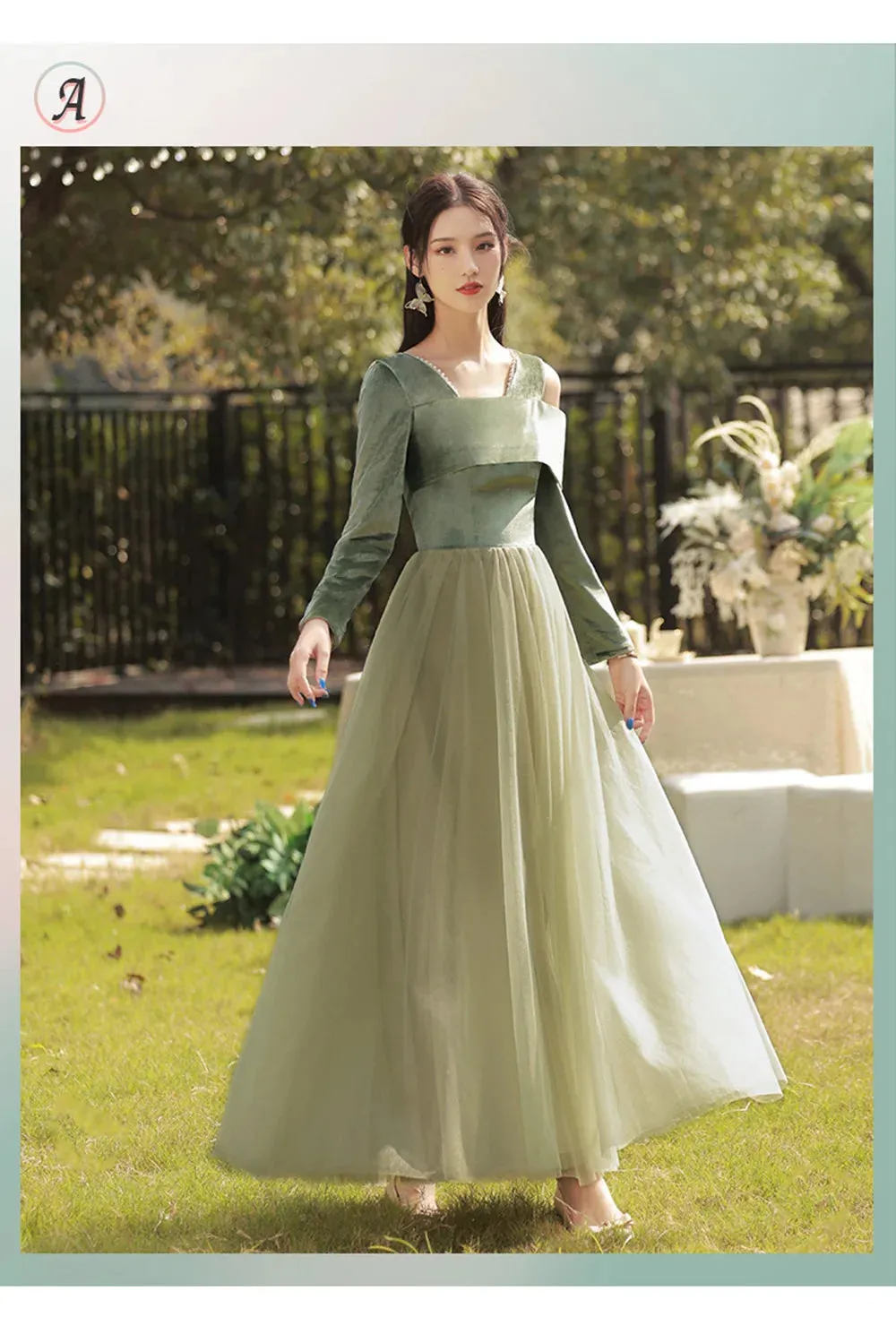 4 Styles Elegant Velvet Bridesmaid Dress Women's Winter Beading Square Collar Long Sleeved Patchwork Tulle A-Line Vestido