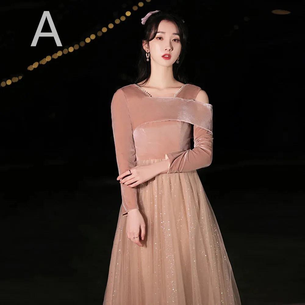 4 Styles Elegant Velvet Bridesmaid Dress Women's Winter Beading Square Collar Long Sleeved Patchwork Tulle A-Line Vestido