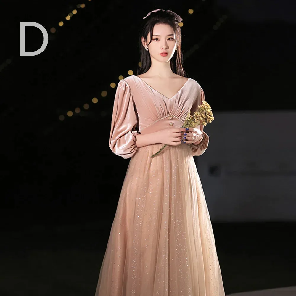 4 Styles Elegant Velvet Bridesmaid Dress Women's Winter Beading Square Collar Long Sleeved Patchwork Tulle A-Line Vestido