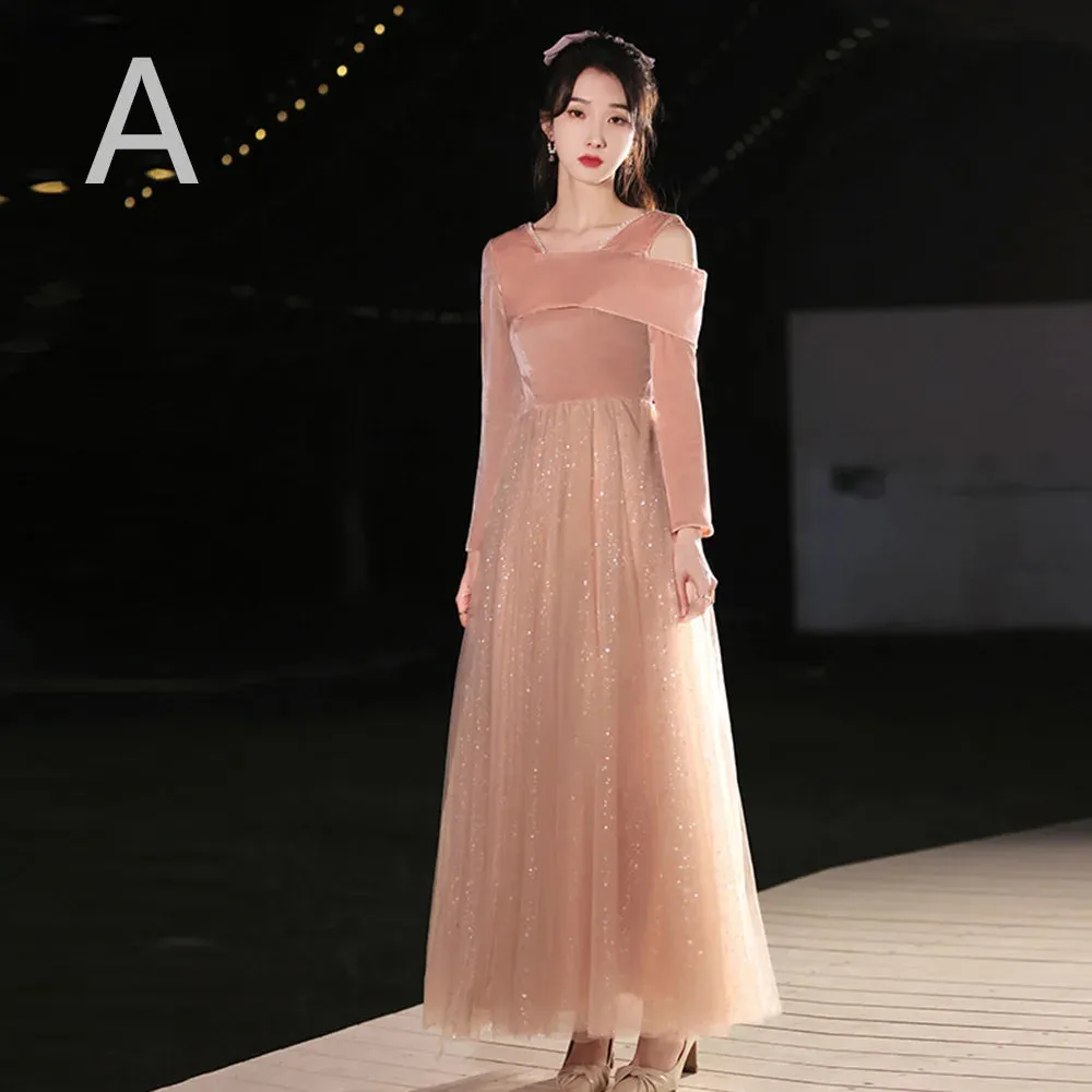 4 Styles Elegant Velvet Bridesmaid Dress Women's Winter Beading Square Collar Long Sleeved Patchwork Tulle A-Line Vestido