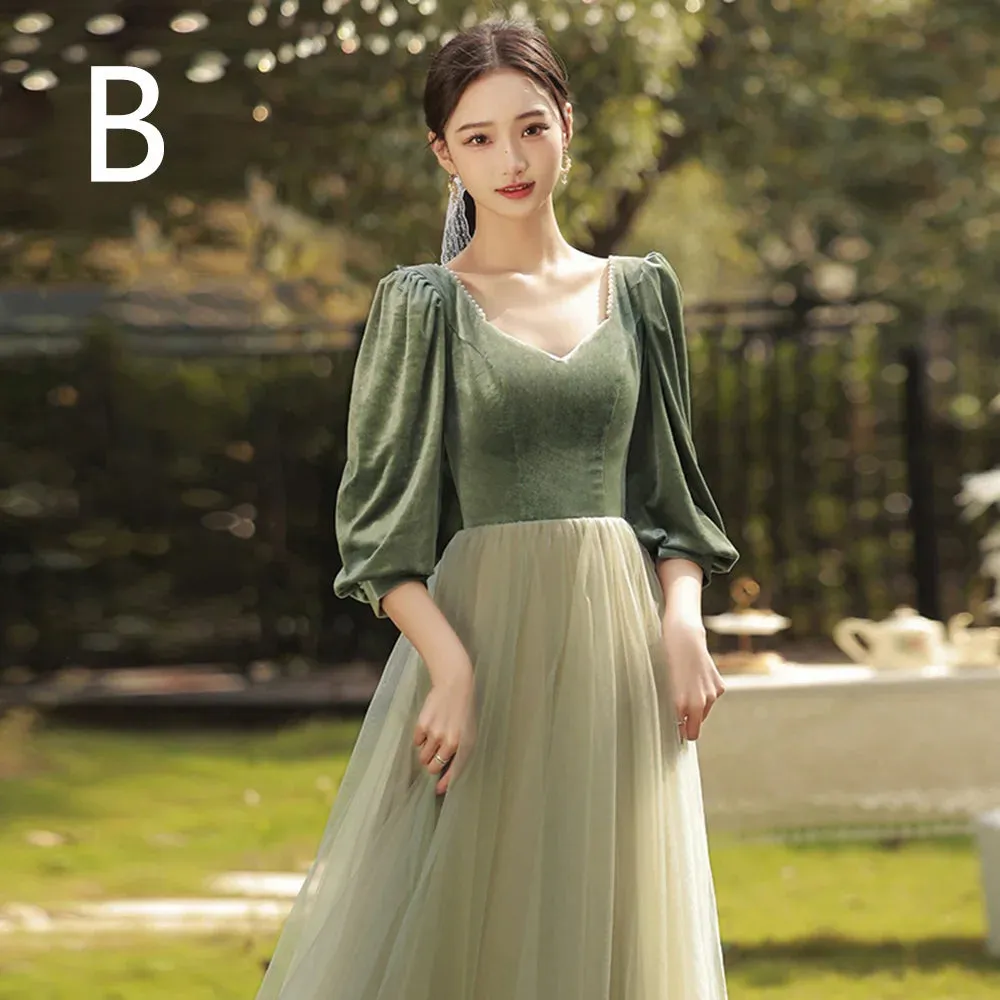 4 Styles Elegant Velvet Bridesmaid Dress Women's Winter Beading Square Collar Long Sleeved Patchwork Tulle A-Line Vestido