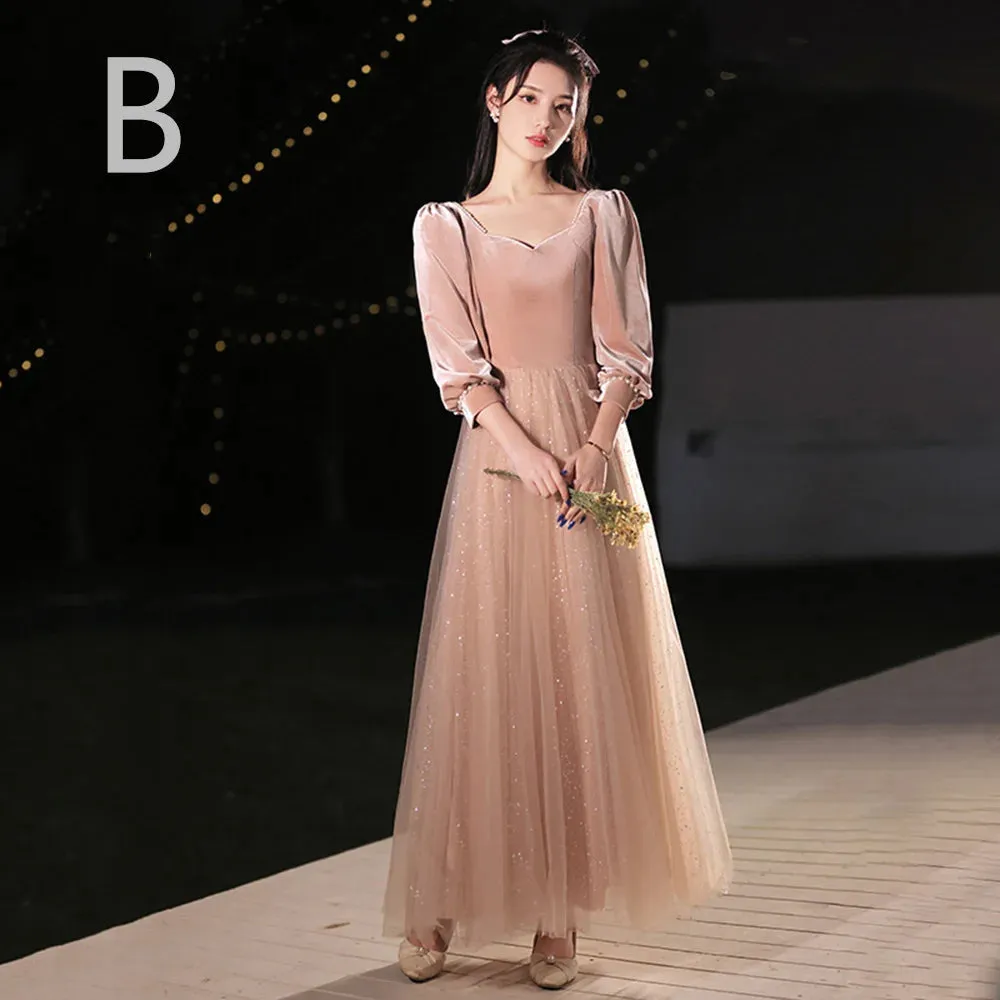 4 Styles Elegant Velvet Bridesmaid Dress Women's Winter Beading Square Collar Long Sleeved Patchwork Tulle A-Line Vestido