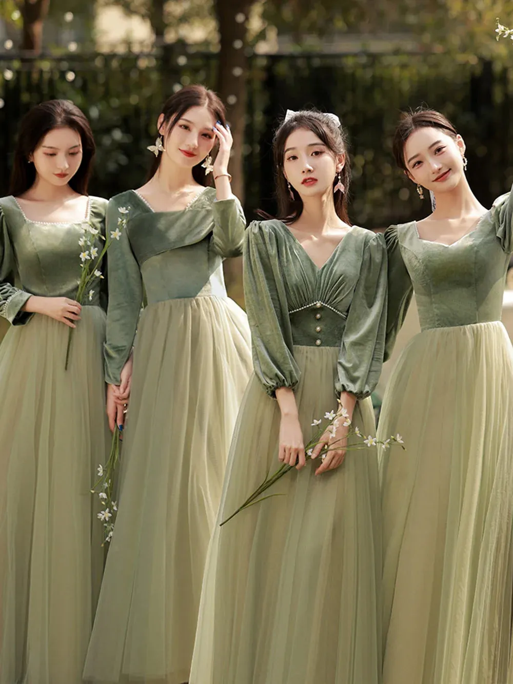 4 Styles Elegant Velvet Bridesmaid Dress Women's Winter Beading Square Collar Long Sleeved Patchwork Tulle A-Line Vestido