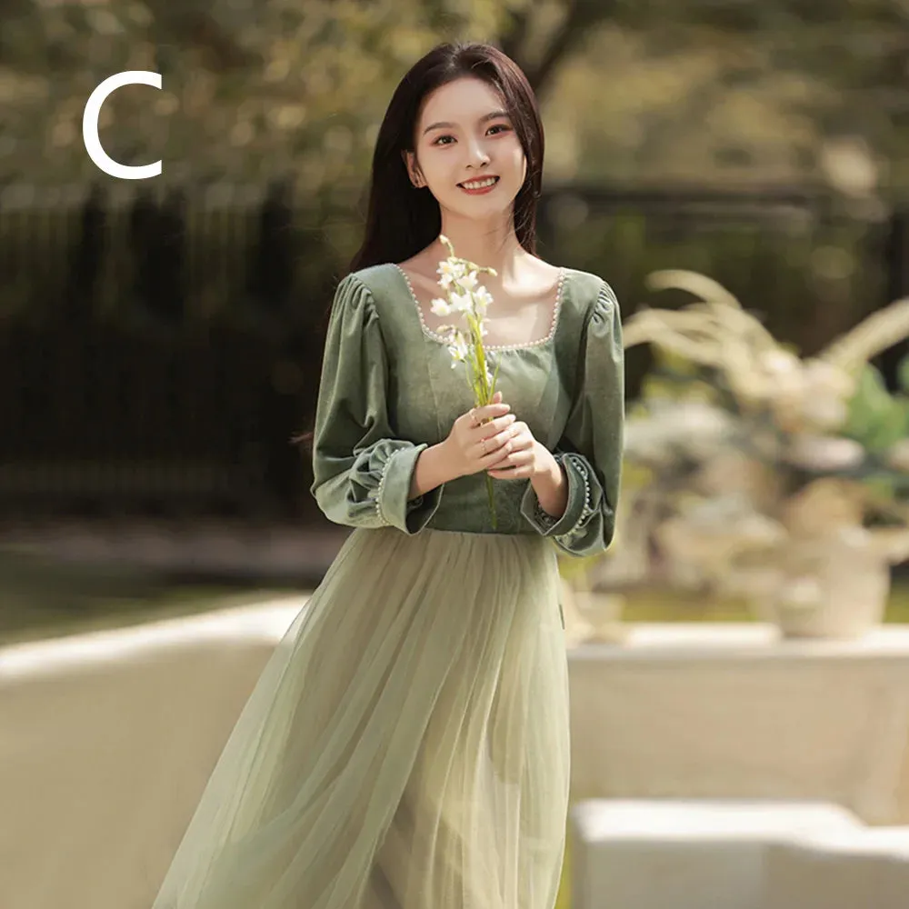 4 Styles Elegant Velvet Bridesmaid Dress Women's Winter Beading Square Collar Long Sleeved Patchwork Tulle A-Line Vestido