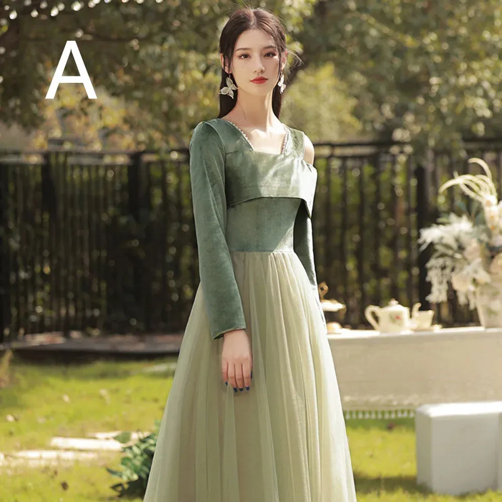 4 Styles Elegant Velvet Bridesmaid Dress Women's Winter Beading Square Collar Long Sleeved Patchwork Tulle A-Line Vestido