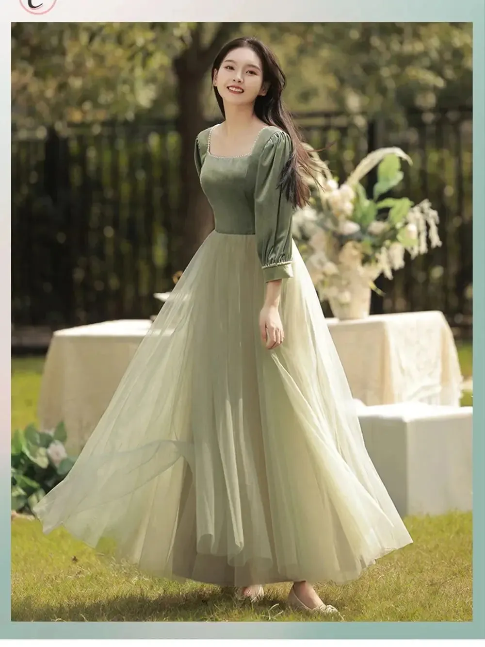 4 Styles Elegant Velvet Bridesmaid Dress Women's Winter Beading Square Collar Long Sleeved Patchwork Tulle A-Line Vestido