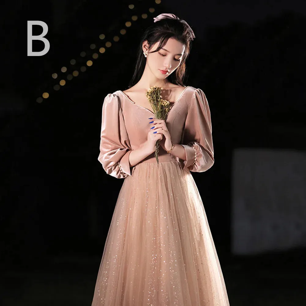 4 Styles Elegant Velvet Bridesmaid Dress Women's Winter Beading Square Collar Long Sleeved Patchwork Tulle A-Line Vestido