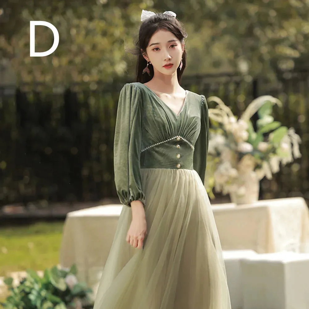 4 Styles Elegant Velvet Bridesmaid Dress Women's Winter Beading Square Collar Long Sleeved Patchwork Tulle A-Line Vestido