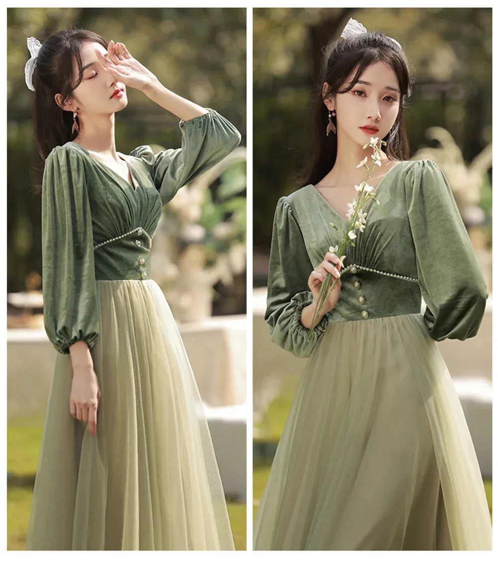 4 Styles Elegant Velvet Bridesmaid Dress Women's Winter Beading Square Collar Long Sleeved Patchwork Tulle A-Line Vestido