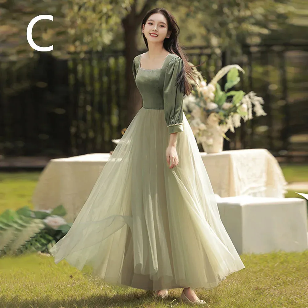 4 Styles Elegant Velvet Bridesmaid Dress Women's Winter Beading Square Collar Long Sleeved Patchwork Tulle A-Line Vestido