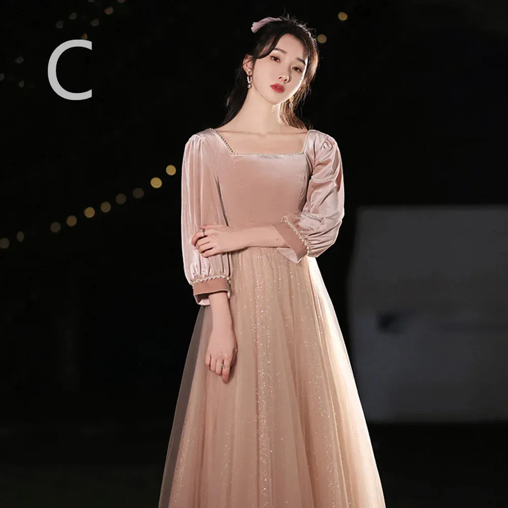 4 Styles Elegant Velvet Bridesmaid Dress Women's Winter Beading Square Collar Long Sleeved Patchwork Tulle A-Line Vestido