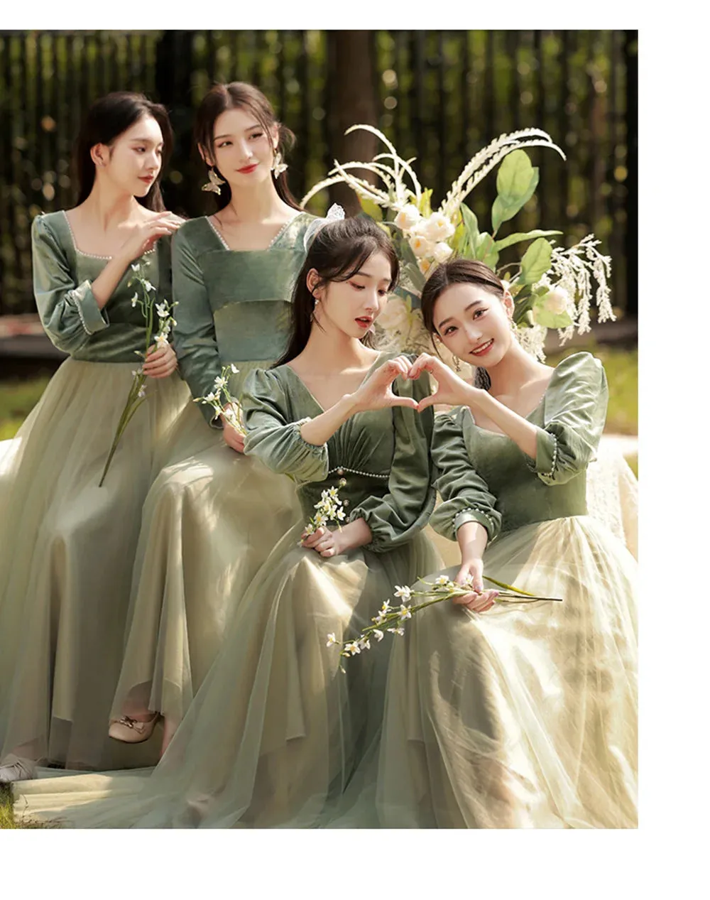 4 Styles Elegant Velvet Bridesmaid Dress Women's Winter Beading Square Collar Long Sleeved Patchwork Tulle A-Line Vestido