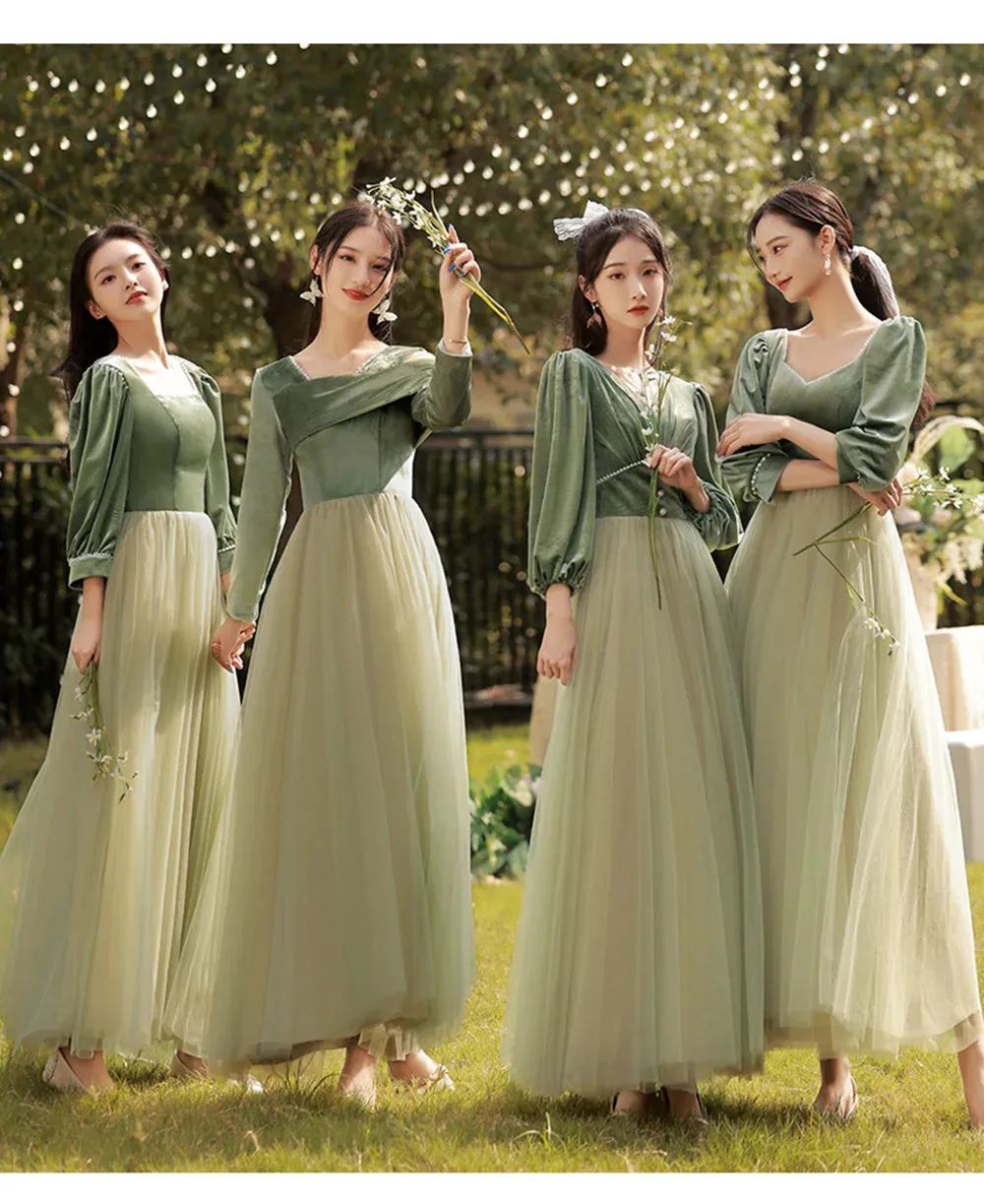 4 Styles Elegant Velvet Bridesmaid Dress Women's Winter Beading Square Collar Long Sleeved Patchwork Tulle A-Line Vestido