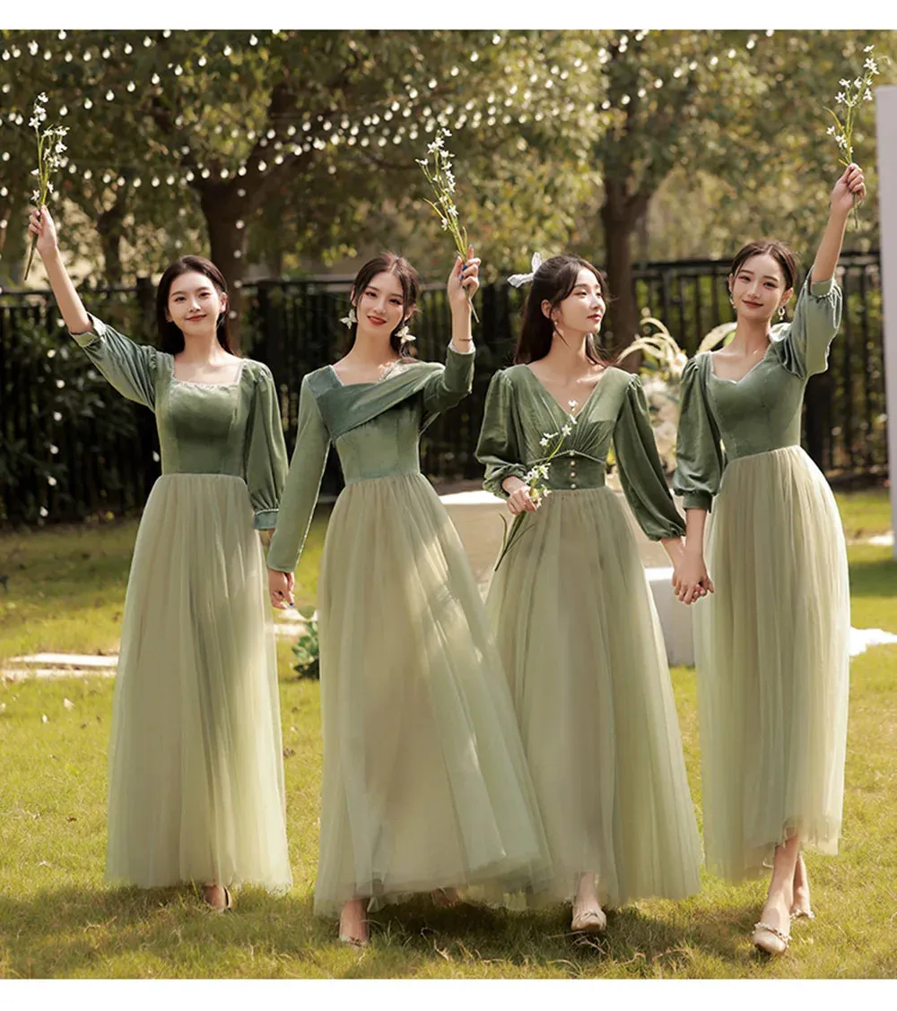 4 Styles Elegant Velvet Bridesmaid Dress Women's Winter Beading Square Collar Long Sleeved Patchwork Tulle A-Line Vestido