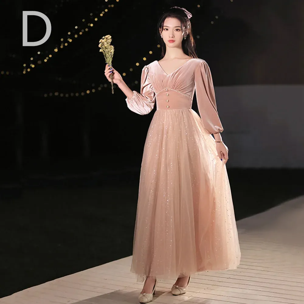 4 Styles Elegant Velvet Bridesmaid Dress Women's Winter Beading Square Collar Long Sleeved Patchwork Tulle A-Line Vestido