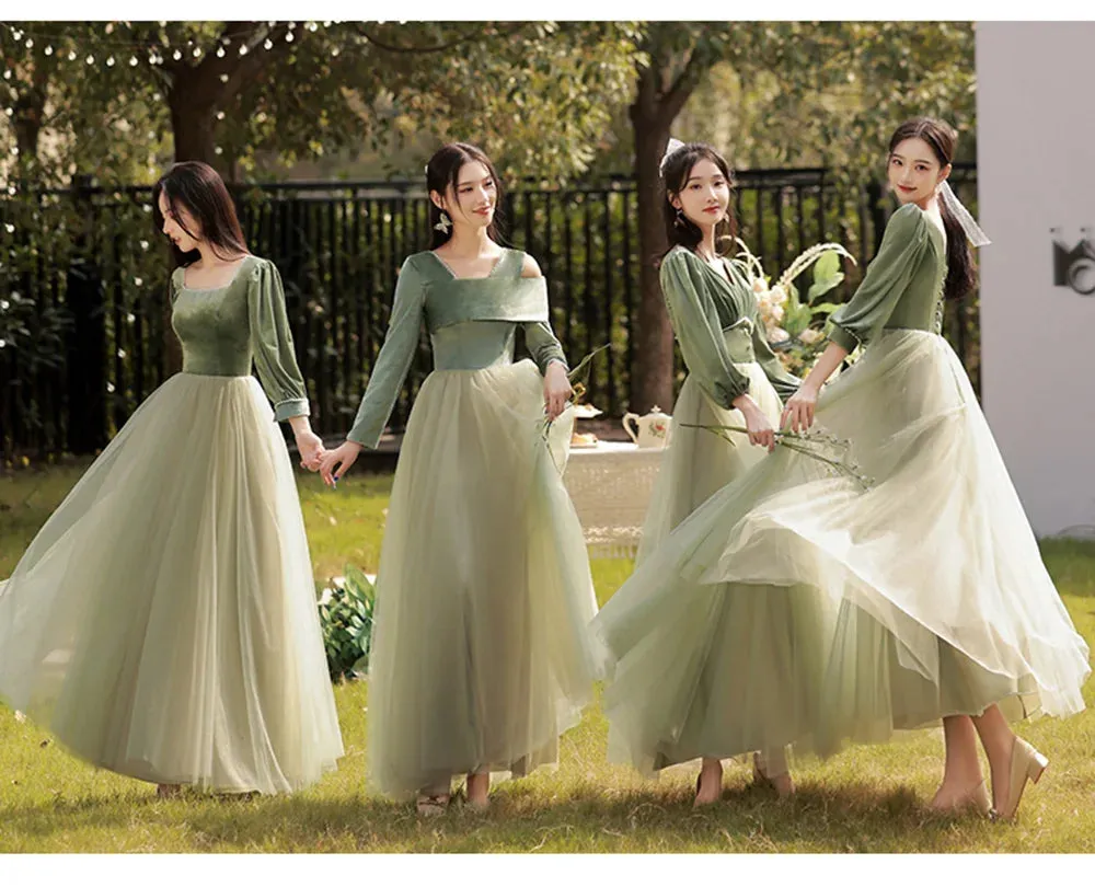 4 Styles Elegant Velvet Bridesmaid Dress Women's Winter Beading Square Collar Long Sleeved Patchwork Tulle A-Line Vestido