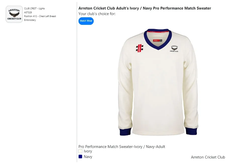 Arreton Cricket Club Adult's Ivory / Navy Pro Performance Match Sweater