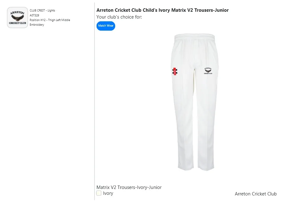 Arreton Cricket Club Child's Ivory Matrix V2 Trousers-Junior