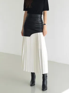 Asymmetric Patchwork Faux Leather Modern Chiffon Pleated Midi Skirt