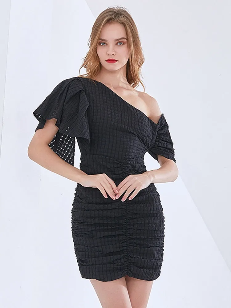 Asymmetrical Patchwork Ruffle Dress For Women Skew Collar Short Sleeve High Waist Slim Dresses Female Fashion