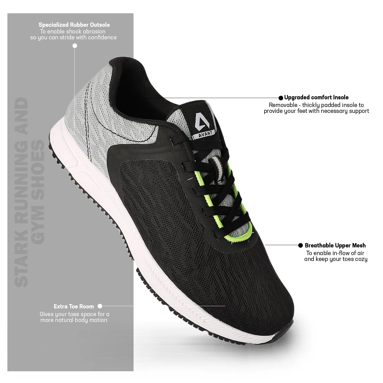 Avant Men's Stark Running & Gym shoes - Black/Grey