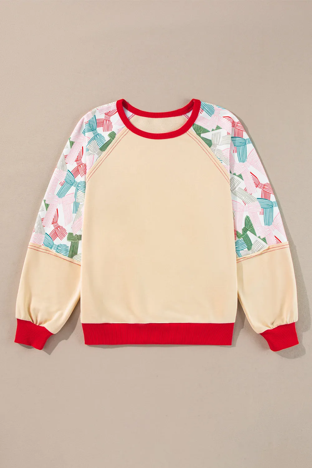 Beige Bowknot Printed Patchwork Raglan Sleeve Colorblock Edge Top