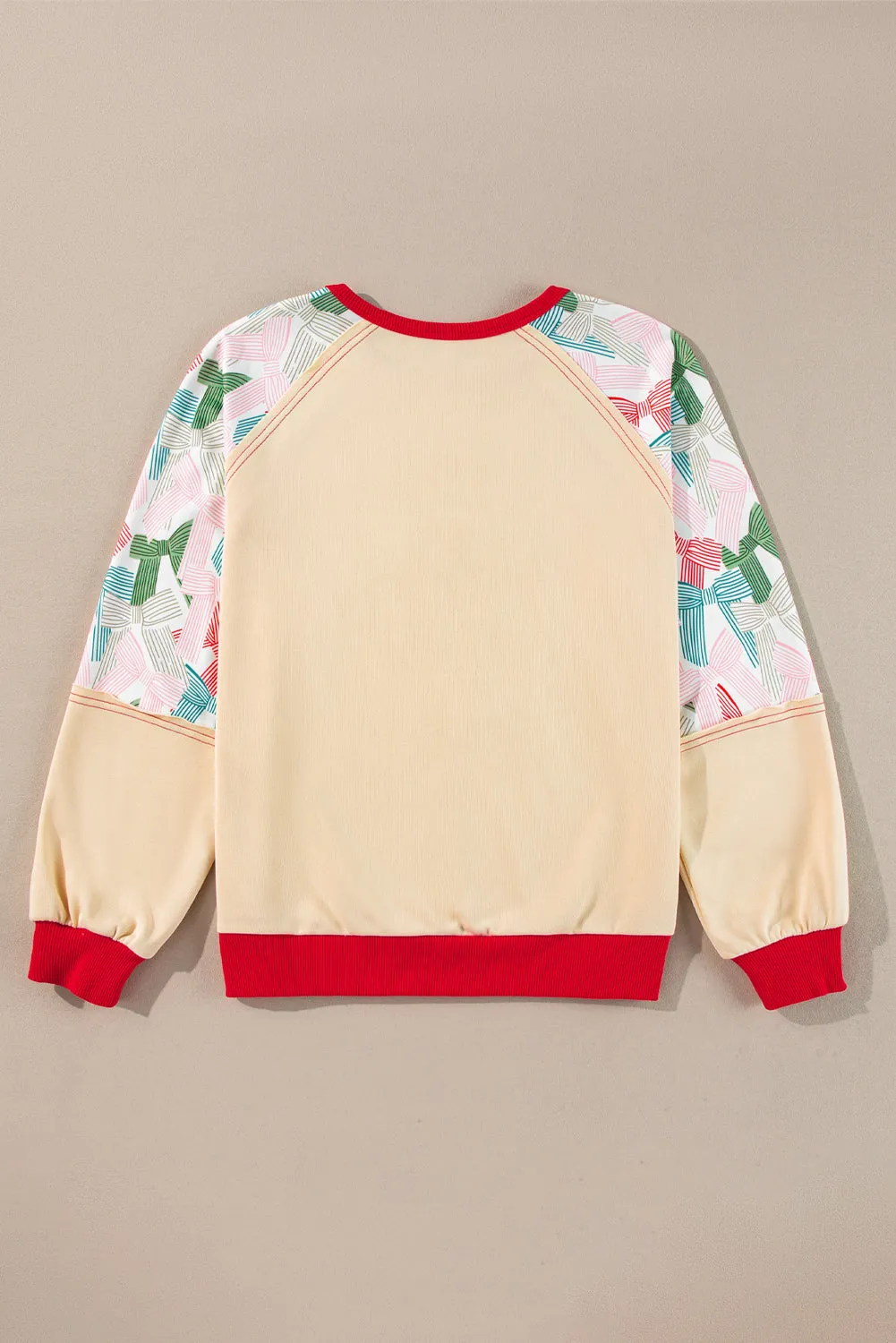 Beige Bowknot Printed Patchwork Raglan Sleeve Colorblock Edge Top