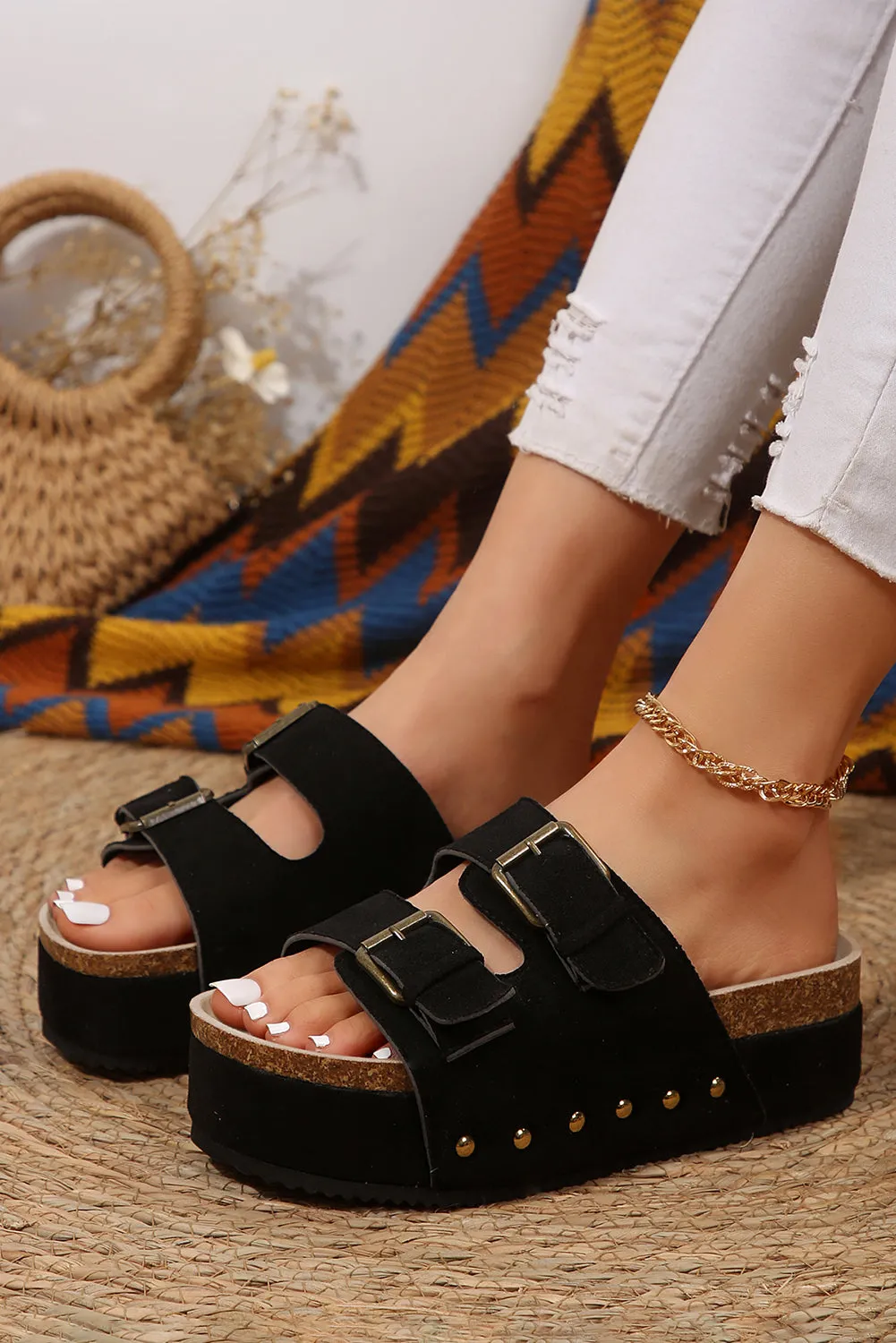 Beige Suede Buckle Decor Corky Platform Sandals