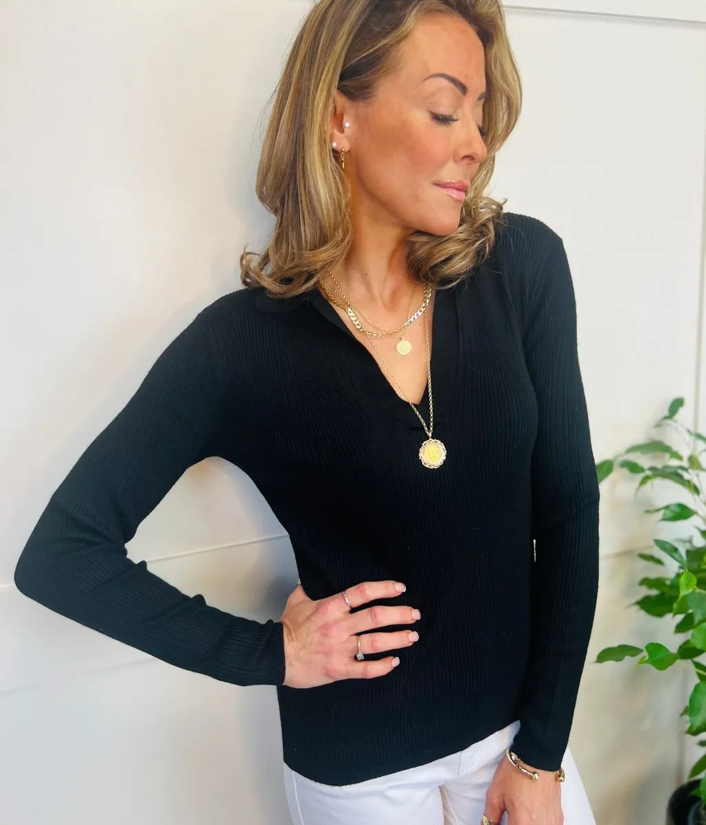 Black Collared Ribbed Jumper