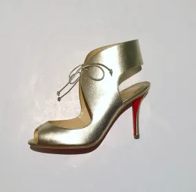 Christian Louboutin Top Nic 85 Gold Ankle Tie Heels Peep Toe Sandals