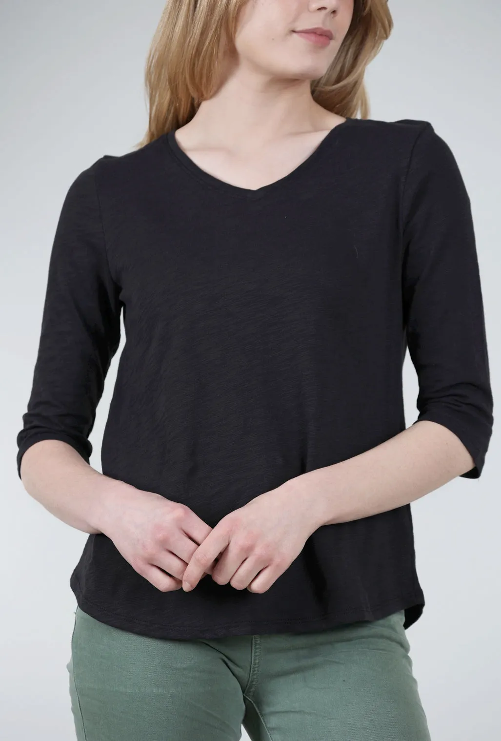 Cotton Pebble Elbow Sleeve Tee, Black