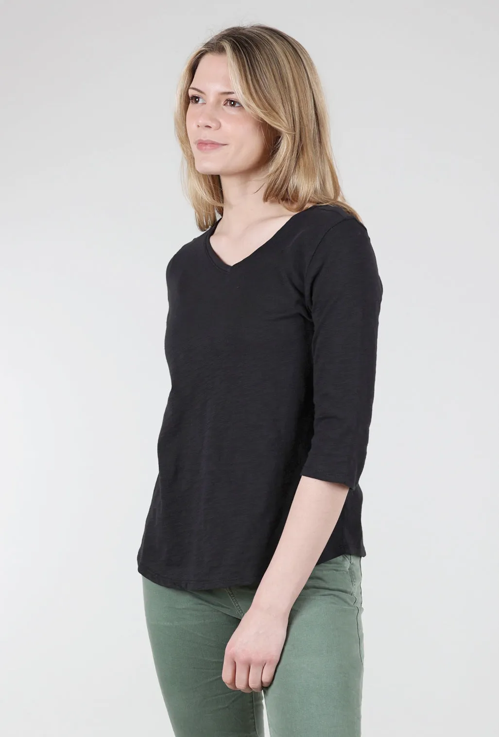 Cotton Pebble Elbow Sleeve Tee, Black