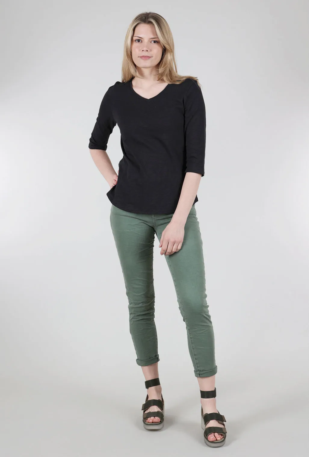 Cotton Pebble Elbow Sleeve Tee, Black