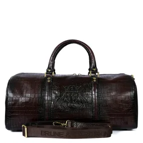 Croco Embossed Duffle Bag in Dark Brown Leather