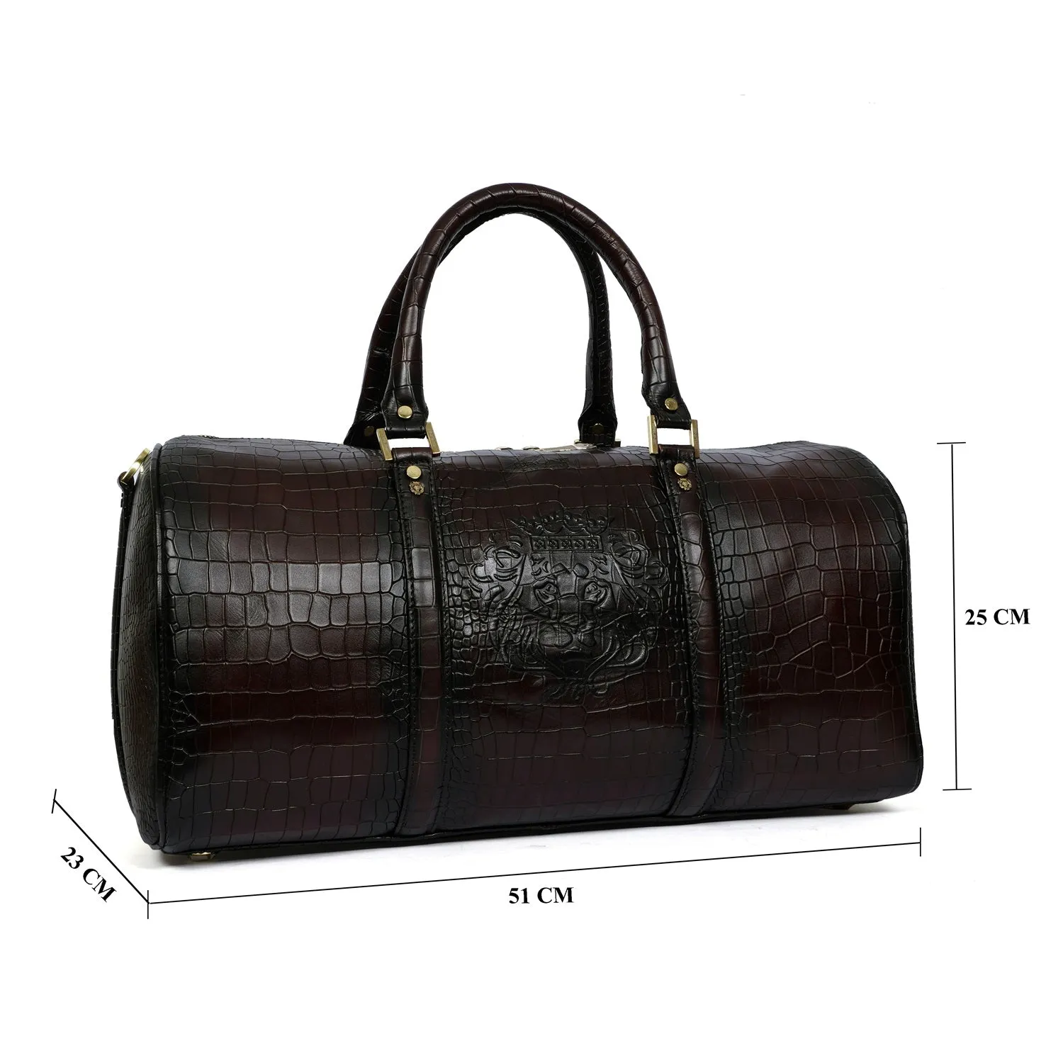 Croco Embossed Duffle Bag in Dark Brown Leather