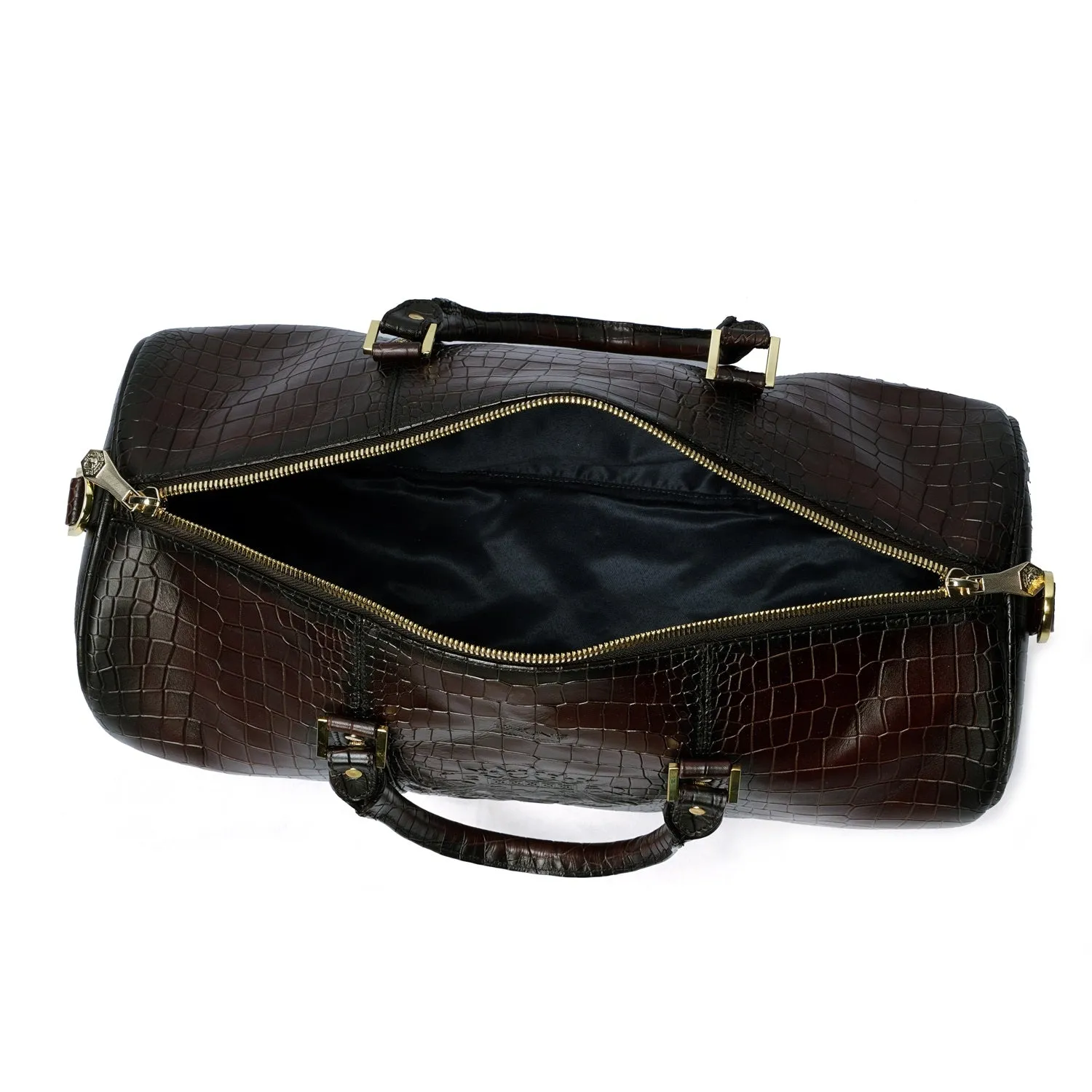 Croco Embossed Duffle Bag in Dark Brown Leather