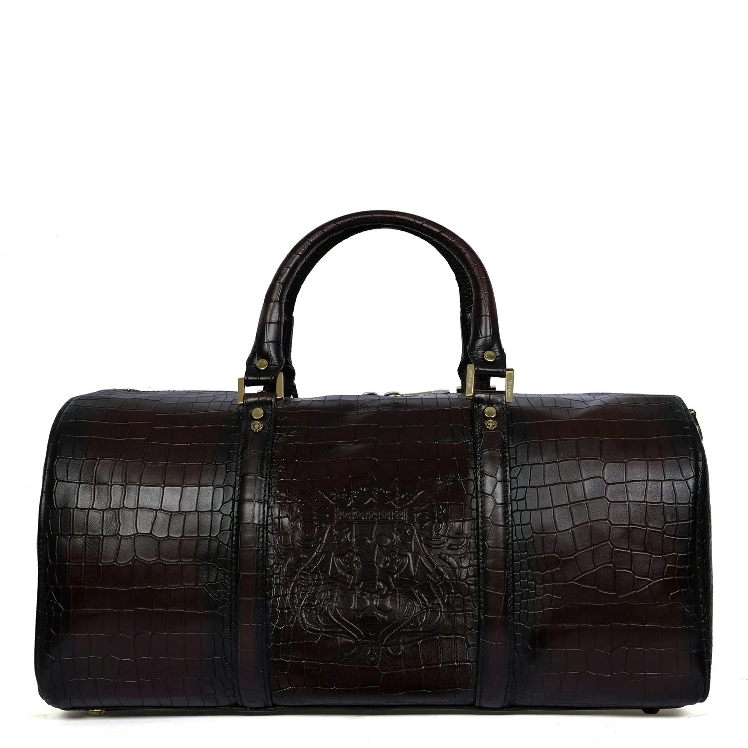 Croco Embossed Duffle Bag in Dark Brown Leather