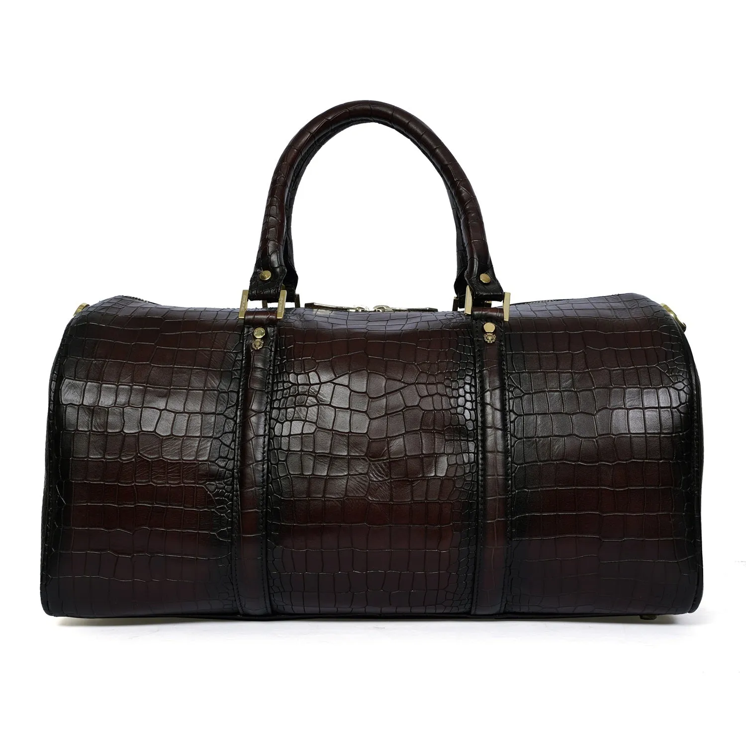 Croco Embossed Duffle Bag in Dark Brown Leather