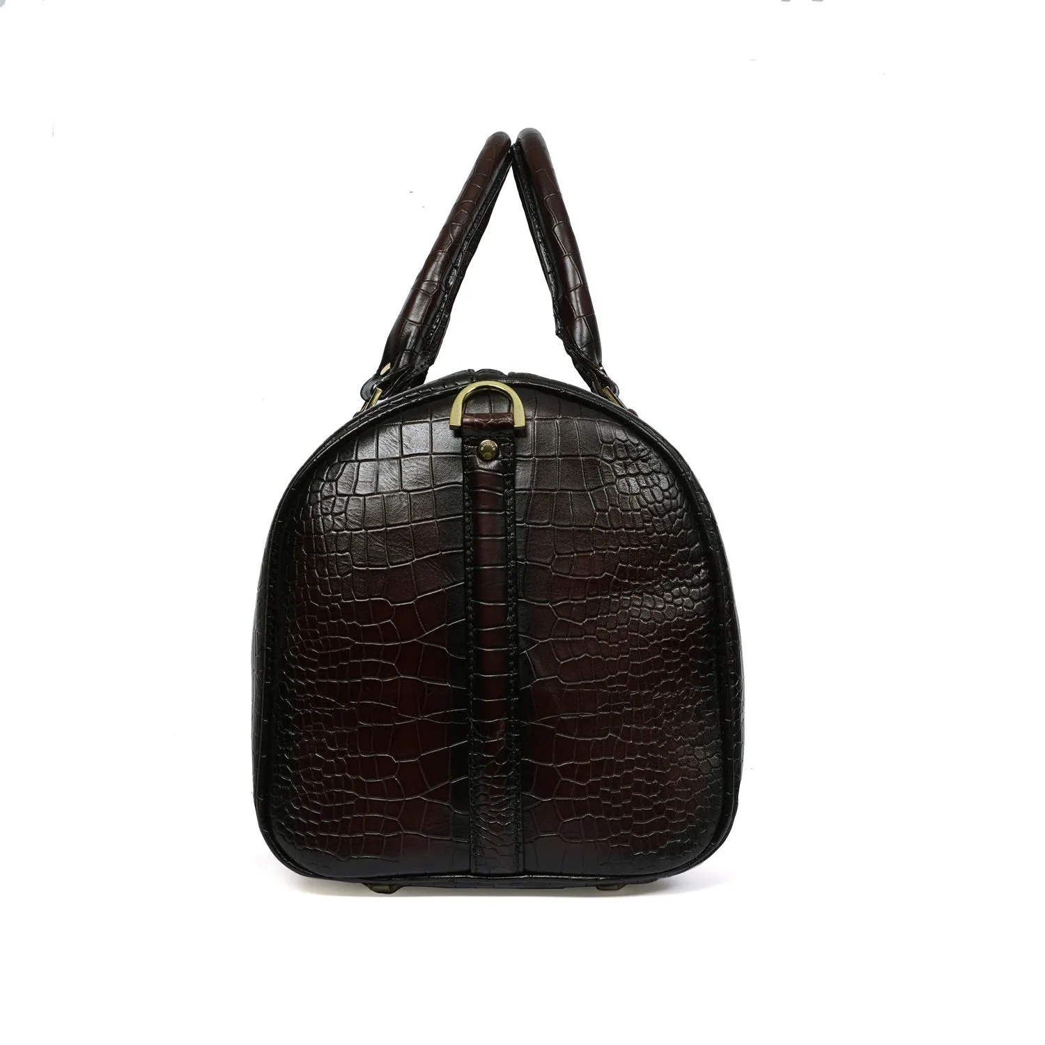 Croco Embossed Duffle Bag in Dark Brown Leather