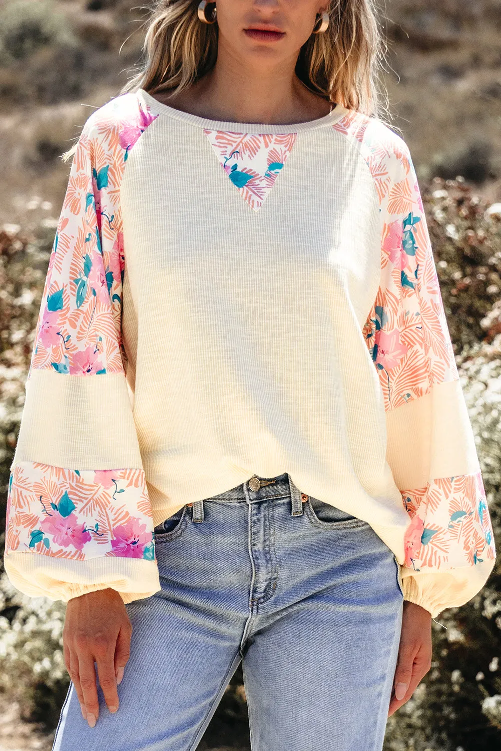 Floral Patchwork Balloon Sleeve Blouse