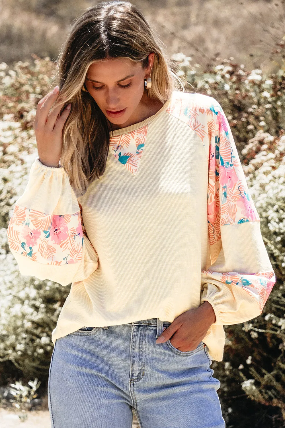 Floral Patchwork Balloon Sleeve Blouse