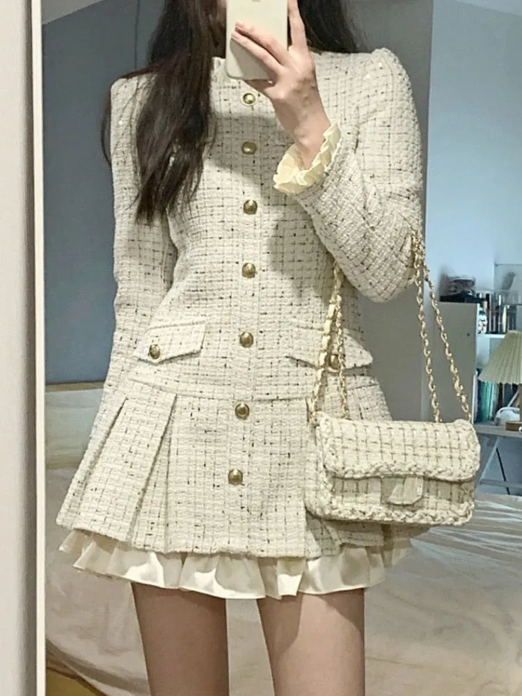 Getadme Beige Autumn France Elegant Dress Women Button Designer Party Dress Female Patchwork Korean Style Casual Vintage Dress New