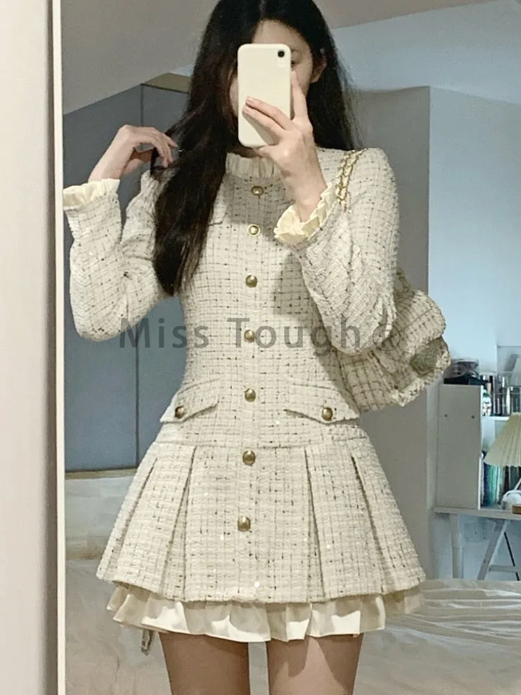 Getadme Beige Autumn France Elegant Dress Women Button Designer Party Dress Female Patchwork Korean Style Casual Vintage Dress New