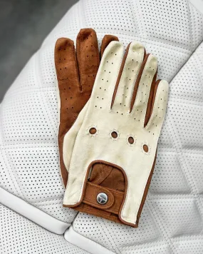 HERITAGE - Perforated Suede Driving Gloves - Ivory/Tan