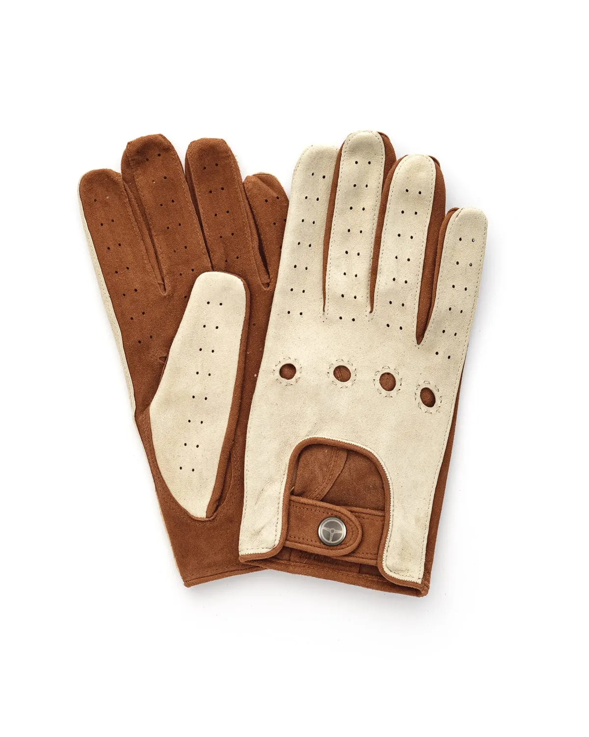 HERITAGE - Perforated Suede Driving Gloves - Ivory/Tan