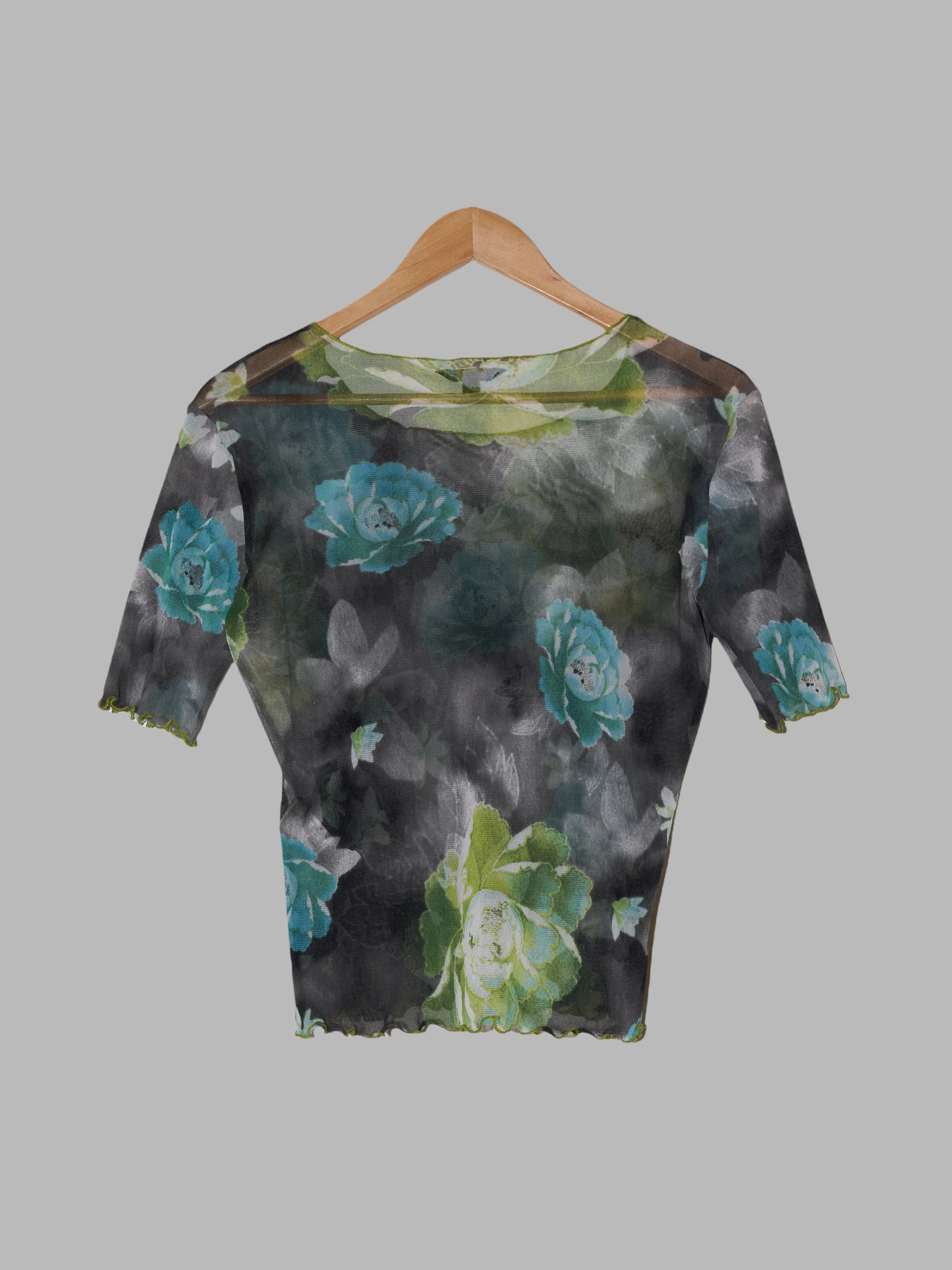 Krizia green blue grey nylon mesh floral print t-shirt - IT 48